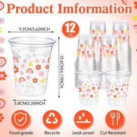 Funnymoom 60 Pack Groovy Cup 12 oz Daisy Flower Disposable Clear Plastic Boho Retro Hippie Drinking Cups for 60s 70s Groovy Themed Birthday Baby Shower Party Decorations Supplies