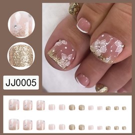 24Pcs Square Press on Toenails Short Fake Toenails Pink White French Tip Toe Nails with Floral Rhinestones and Gold Glitter Glue on Nails Design Acrylic Nails Artificial Nails for Women and Girls