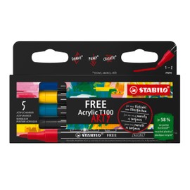 Acrylic Marker - STABILO FREE Acrylic - ARTY - T100 Round Tip 1-2mm - Pack of 5 - ROYAL - Assorted Colours