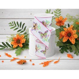 Craig Bachman 2.5" Butterfly Branch Ribbon: White (10 Yards) Craft Floral Arrangement Gift Wrapping, Spring Summer Home Decor, Wired Edge Ribbon