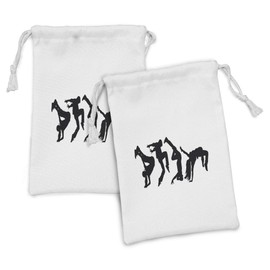 Ambesonne Hip Hop Fabric Pouch Set of 2, Breakdancer Women Silhouettes Doing Hand Glide up and Floor Rocking Moves, Small Drawstring Bag for Toiletries Masks and Favors, 9" x 6", Black and White