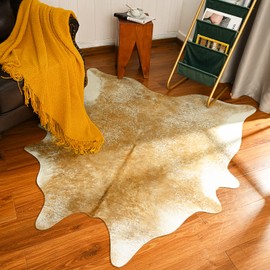 Rtizon Faux Cowhide Rug for Living Room, 4.6 x 5.2 Feet Khaki, Cow Print Skins Rug for Bedroom, Durable Premium Faux Fur Animal Cow Hide Rugs Carpet for Western Decor