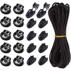 - Metal ElectronicsicsCordLocks-20 piezas de plástico negro elástico de 33.8 pies, cuerda elástica resistente, 10 cordones de cierre de cierre, 10 agujeros, cordones para cordones, ropa, mochila