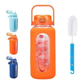WINSA Water bottle 64oz Glass Water Bottle with Straw and Handle Lid Half Gallon Motivational Glass Bottle with Silicone Sleeve and Time Marker Large Reusable Sports Water Jug for Gym Home Workout:_Orange
