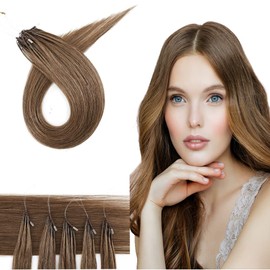 Hairro Microlink Hair Extensions 100% Real Human Hair 16 Inch 50 Strands 50g 8D Micro Beads in Hairpieces #6 Light Brown I Tip Loop with Nano Ring