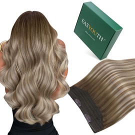 Easyouth Wire Hair Extensions Real Human Hair Balayage 16inch Adjustable Fish Line Extensions Human Hair Brown Highlights Platinum Blonde Easy to Blend with Natural Hair 80g