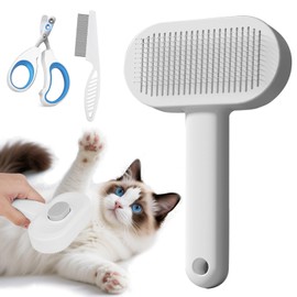 Okiki Pet Brush, Set of 3 (Brush, Comb + Nail Clipper), For Cats and Dogs, One Touch, Painless, Hair Loss, Suitable for Short and Long Hair, Grooming, Easy Care