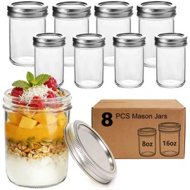 YOOSSICY 8 Pack Mason Jars (16 oz & 8 oz) with Lids, Glass Canning Jars with Bands and Lids for Jam, Honey, Spice, Food Storage, Craft, DIY Decors | Wide Mouth 16 oz x 4, Regular Mouth 8 oz x 4