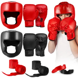 Kanayu 12 Pcs Kids Boxing Equipment Set for Beginners Ages 6-18 Years Including Boxing Helmet and Gloves Hand Wraps Sport Mouthguards Taekwondo Sparring Gear for Kids and Children(Black, Red)