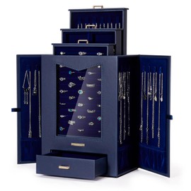 Homde Jewelry Organizer with Transparent Window Necklace Hooks Gift for Women Jewelry Box Display Case for Necklaces Rings Earrings Bracelets and Other Jewelry Accessories (Dark Blue)