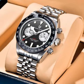 LACZ DENTON Pagani Design 1718 Panda Dial Men's Chronograph Watches Japan VK64 Movement Stianless Steel 100M Waterproof Men Fashion Casual Watch (Black-2)