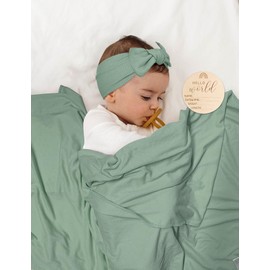ZURLEFY Stretchy Baby Swaddle Blanket and Headband Set, Sage Green Newborn Receiving Blankets with Matching Hat for Nursery Swaddle Wrap (62-05)