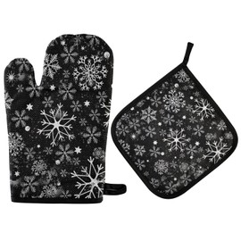 susiyo Christmas Black White Snowflake Oven Mitt and Potholder Set, Heat Resistant BBQ Gloves for Kitchen Cooking Grilling