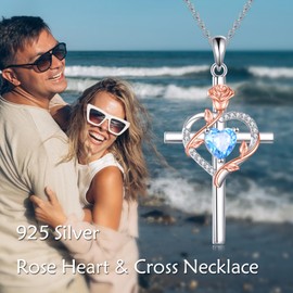 AINFQY Cross Necklace for Women 925 Sterling Silver Rose Heart Crucifix Blue Topaz Pendant December Birthstone Gemstone Anniversary Birthday Christmas Gifts for Mother Wife Sister Her