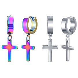 Feilok 2/3 Pairs of Hoop Earrings for Men Women Stainless Steel Stud Earrings Huggie Earrings Set Cross Hinged Cross Earrings Dangle Folding Earrings, Stainless Steel