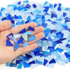 Yazikisa 1.1 lb Glass Mosaic Tiles for Crafts Bulk Blue Irregular Shape Tile Crystal Broken Stained Pieces Stepping Stone Adults DIY Making Supplies Picture Frames Puzzle