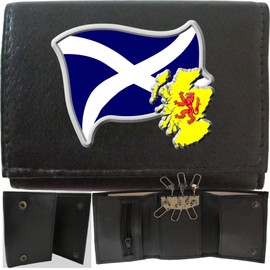 Klassek Scotland Flag Scottish Map and Coat of Arms COA on Brand Men Leather Wallet Keyring Key Rack with Zip Pocket and Metal Gift Box