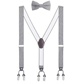 WANYING Men's Y-shape 3.5 cm wide 6 clips braces and bow ties 2 in 1 set highly elastic length adjustable casual business - for height up to 200 cm, F01 Striped Grey with 1 Bow Tie