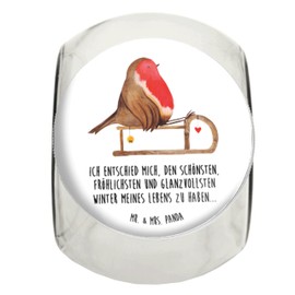 Mr. & Mrs. Panda Bonbonglas Rotkehlchen Schlitten L 870ml - Geschenk, Winter, Vorratsglas, Küchenbehälter, Keksedose, Müslidose, Snackdose, Vogel,