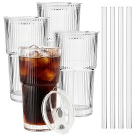 TUZAZO 20 Oz Ribbed Glass Tumblers with Lids and Straws - 4 Pack Glass Coffee Cups with Straws and Lids, Thicken Glass, Ideal for To Go Iced Coffee