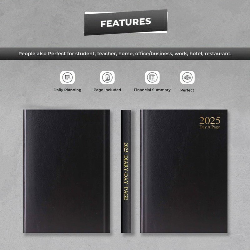 2025 Black A4 Day a Page Diary - Hardback Planner