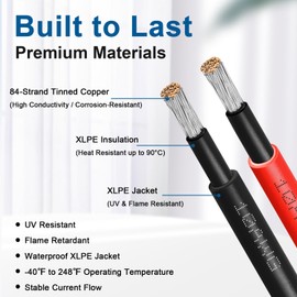 10AWG Solar Extension Cable 20FT – 2 Pack Red & Black PV Wire with Solar Connectors, 84-Strand Tinned Copper, Dual XLPE Insulated, Outdoor UV-Resistant Cable for RV, Inverter, Battery