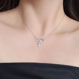 HIQIQIYA S925 Sterling Silver Bowknot Zircon Necklace Minimalist Design Gift for Girlfriend, Wife, Mom, or Daughter
