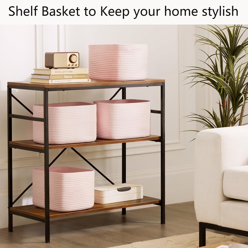 MOJOSCEND Pink Storage Bins 4 Pack Rectangular Rope Basket for