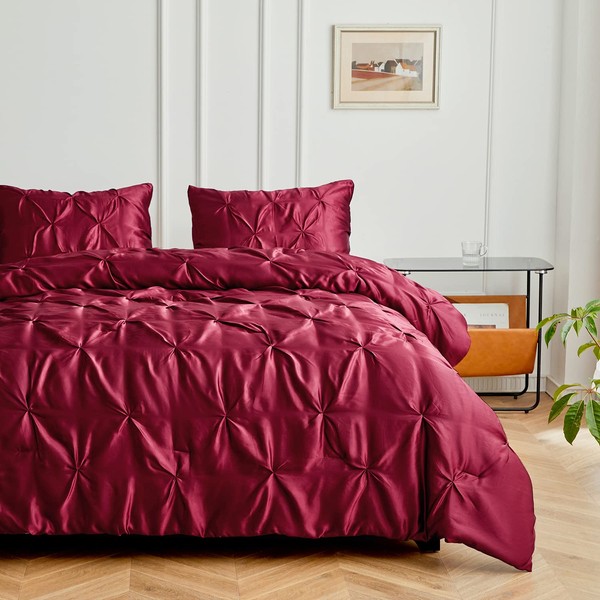 MR&HM Satin Comforter King Set 3pcs, Pintuck Beddding Sets with Comforter and 2 Pillow Shams, Soft Fluffy Silky Comforter for All Season (King, Burgundy)