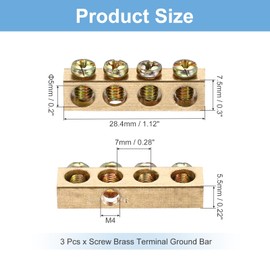 MECCANIXITY 3 Pcs Terminal Ground Bar, 4 Positions Screw Brass Terminal Ground Bar, M4 Screw Block Barrier Brass with Mounting Bracket for Electrical Devices