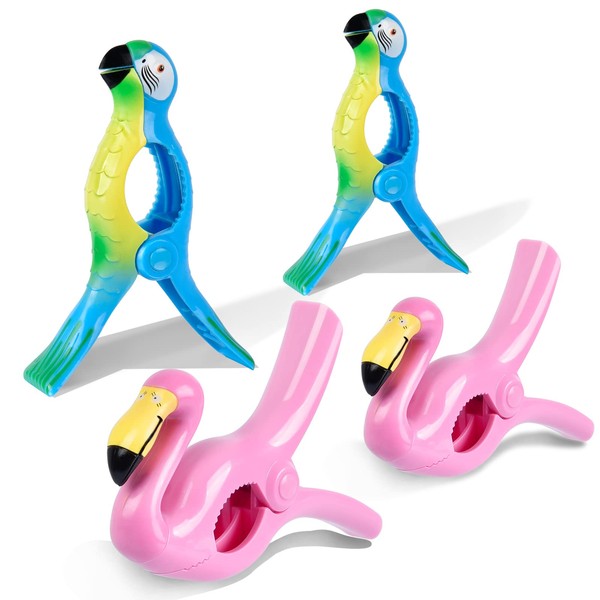 Beach Towel Clips, Sopito Jumbo Size Towel Clips for Chairs Cruise Patio and Pool Accessories, Set of 4 (Flamingo Parrot)