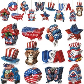 24 Pcs 4th of July Patriotic Ornaments for Tree Wooden Memorial Day Decorations Red White Blue Hanging Ornament America Star Gnome Wood Cutout Independence Day Decor for Home Tree (Patriotic)