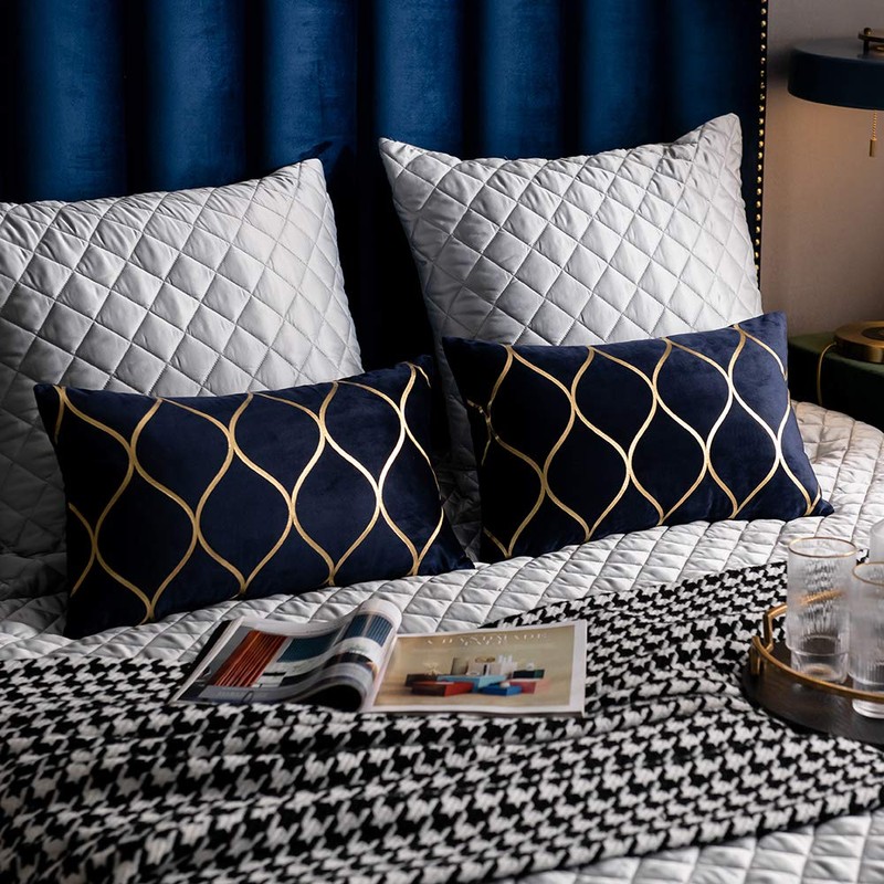 DEZENE Gold Velvet Throw Pillow Covers Navy: 2 Pack 12x20