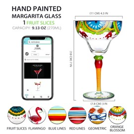 YY Hand Painted Margarita Glass - Moroccan Collection - Hand Painted Glassware by Artists - Unique and Decorative Margarita Glasses, Kitchen Table Décor (Fruit Slices)
