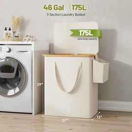 Raybee 175L Laundry Hamper with Lid 3 Section, Extra Large Laundry Basket with 3 Removable Bags, 46 GAL Laundry Basket Organizer for Bedroom, Laundry Room, Dorm, Beige