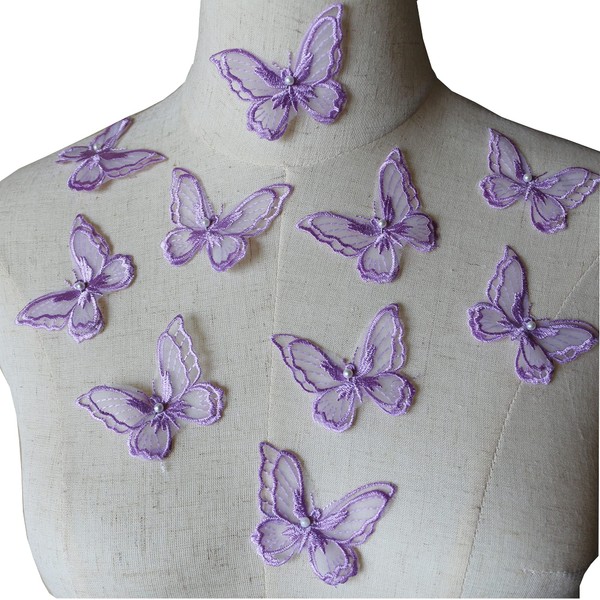 10 parches de encaje de mariposa, de organza, de doble capa, para costura de proyectos de manualidades (Lilac)