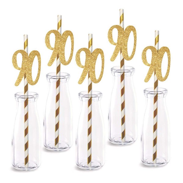 90th Birthday Paper Straw Decor, 24-Pack Real Gold Glitter Cut-Out Numbers Happy 90 Years Party Decorative Straws