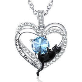 Cat Necklaces for Women Sterling Silver Black Cat Heart Pendant Necklaces March Birthstone Aquamarine Necklace Cute Animal Jewelry Gifts for Women