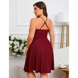 ZOMVA Plus Size 0X-4X Sparkly Glitter Sleeveless Aline Mini Dress Sparkle Sequin Wrap Spaghetti Strap Sexy Dress Cocktail Party Club, Burgundy, 3X