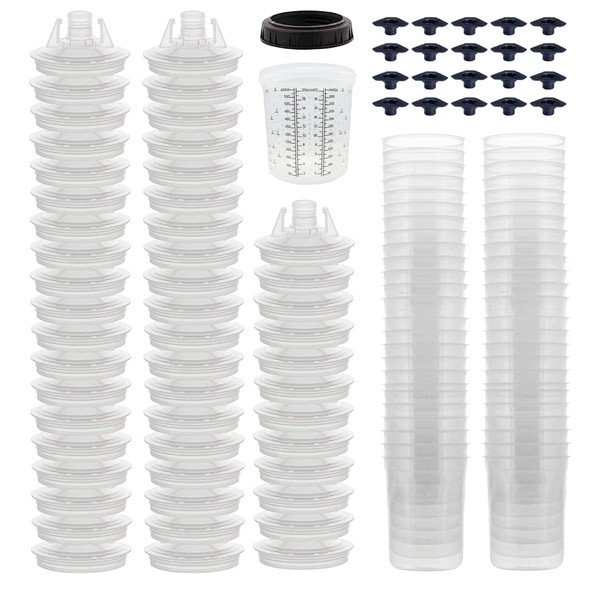 Disposable Paint Spray Gun Cups (190 Micron) 50 Lids 50 Liners 1 Hard Cup 1 Collar - Size 100ML-3OZ / 200ML-6OZ / 400ML-13.5OZ / 600ML-22OZ / 800ML-28OZ / Paint Supplies - Graduated Measurements
