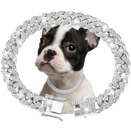 Silver Dog Chain Collar Diamond Cuban Link Dog Collar 13mm Wide Dog Necklace Metal Cat Chain Pet Crystal Collar Jewelry Accessories for Small Medium Large Dogs Cats(16inch)