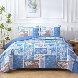 Heymybed Coastal Quilt Set King Size, Beach Coverlet Blue Starfish Coral Seashell Bedspread, Ocean Beach Themed Bed Cover, Microfiber Soft Lightweight Bedding Sets for All Seasons (106"×92")