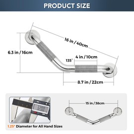 Grab Bars for Bathtubs and Showers- 1-1/4 x 16 Angled Shower Grab Bar for Seniors Knurled Stainless Steel Handicap Grab Bars for Wall (Polished Nickel, 2 Pack)