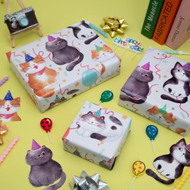 Dtiafu Cat Birthday Wrapping Paper - Happy Birthday - Funny Wrap For Girls Boys Women Birthday Baby Shower Holiday - 20 X 28Inch Per Sheets (6 Sheet)