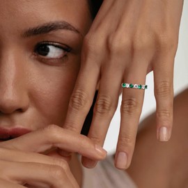 RANDES May Birthstone Ring 925 Sterling Silver Cubic Zirconia Wedding Band 7 Stone Green Emerald Rings for Women Size 8