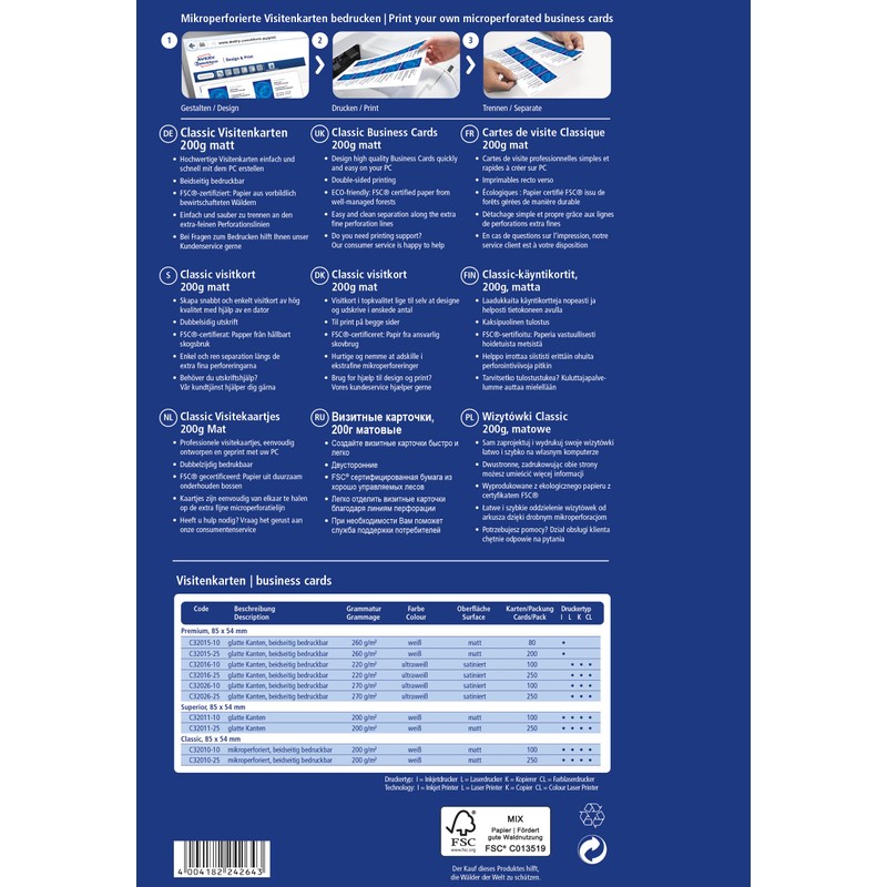 Avery Zweckform C32010-25 Classic Business Cards 85 x 54 mm