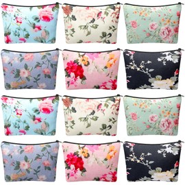Sanwuta 12 Pack Aesthetic Floral Makeup Bags for Women Cute Flowers Cosmetic Bag Large Capacity Purse Travel Pouch Toiletry Zipper Make up Brushes Organizer Storage Gifts for Flowers Lover