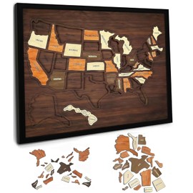 Wooden USA Travel Map Puzzle, United States Journey Tracker Map Puzzle Pin Board for Us Traveling with Elements Sticker Rv Vacations Home Classroom Wall Art Home Decor for Couple Family (13 * 10in)