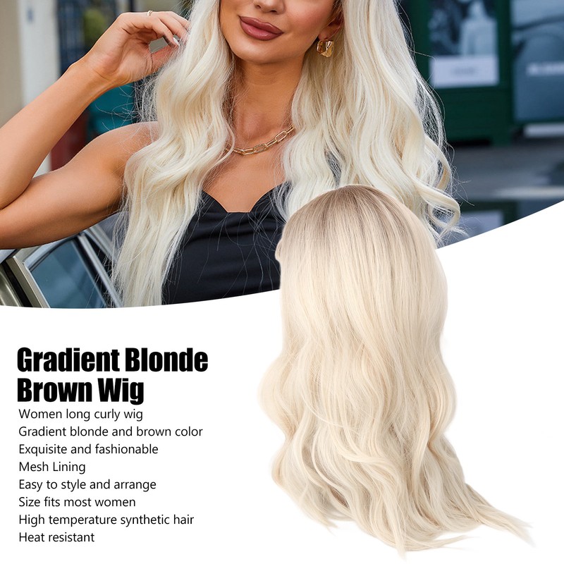Gradient Blonde Brown Long Curly Wig Women Heat Resistant Synthetic