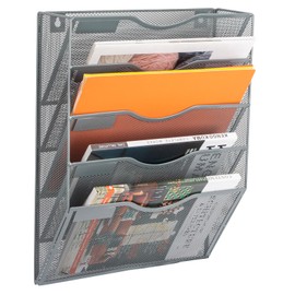 EASEPRES 5 Pocket Mesh Hanging Wall File Organizer, Wall Mounted Mail Paper Document Folder Holder, Clipboard Storage Organization Magazine Rack with Nametag Label for Office Home School, Gray